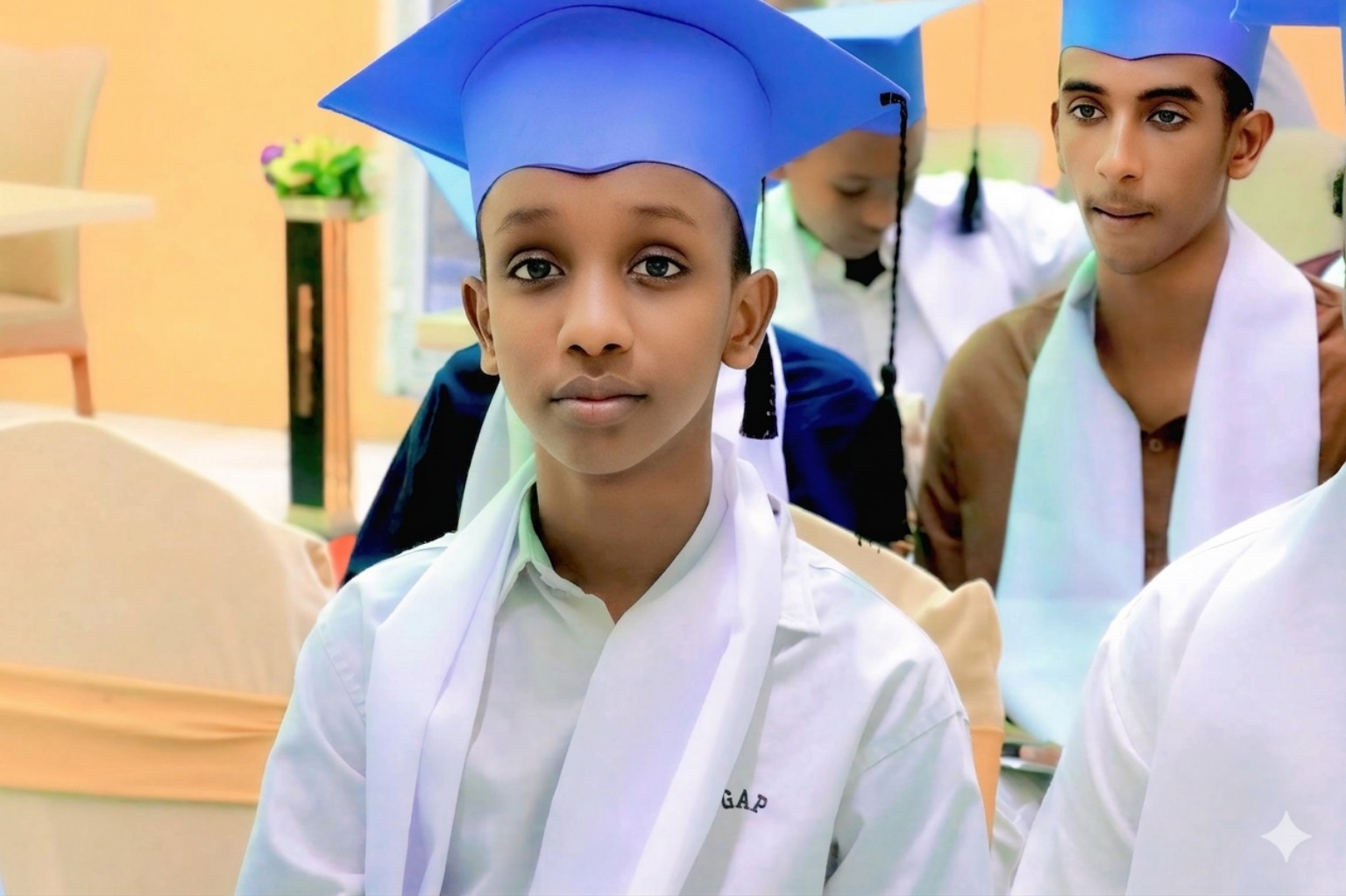 SAFCE graduate in a blue cap smiling at the ceremony